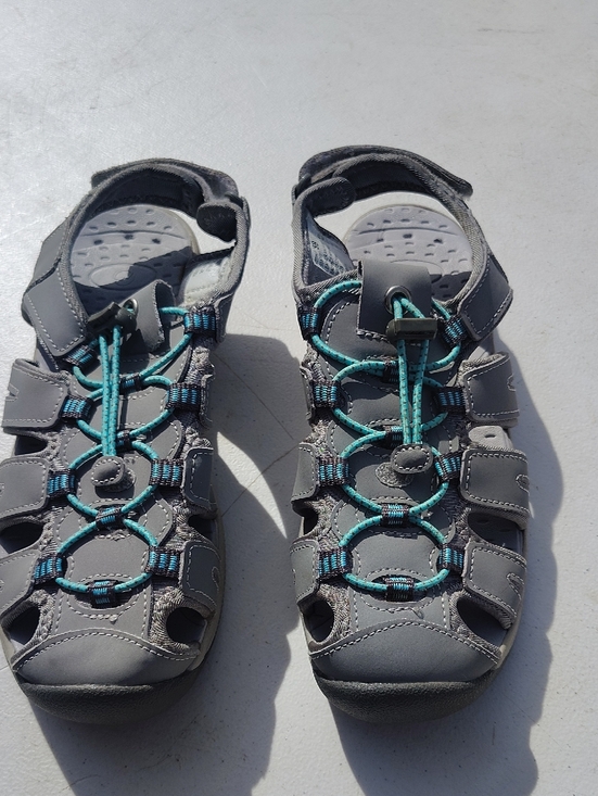 Magellan Outdoors Shoes - Magellan‎ Outdoors Gray Sandals with Teal Bungee Lacing x12x